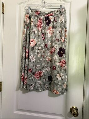 Floral Midi Skirt in Sage Green with Pink Blooms